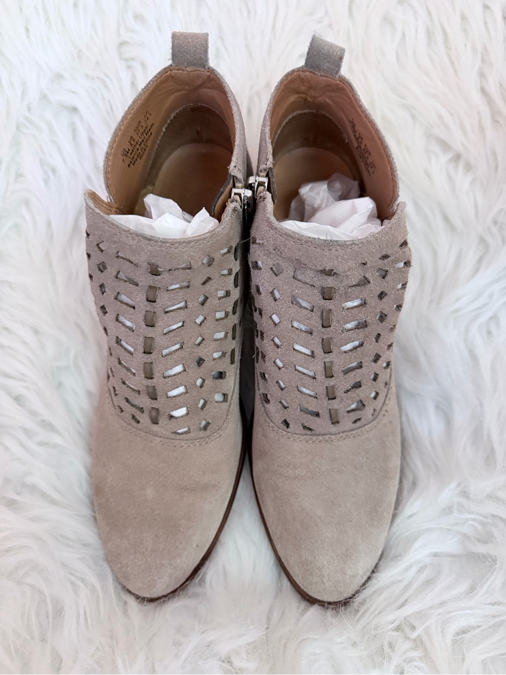 Franco Sarto Taupe Suede Laser-Cut Ankle Booties